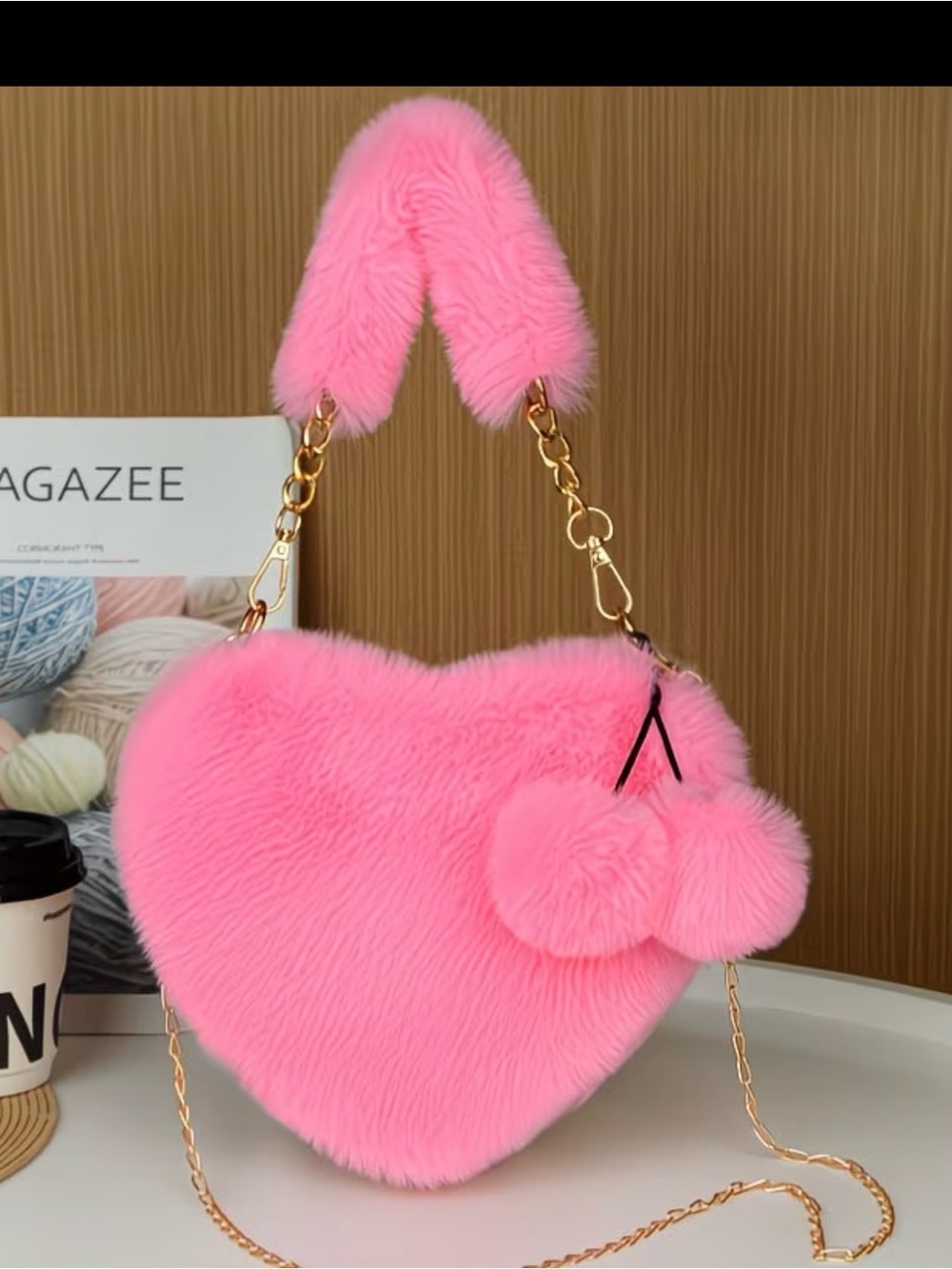 Cute Pink Heart Plush Mini Bag with Pom-Poms⁠